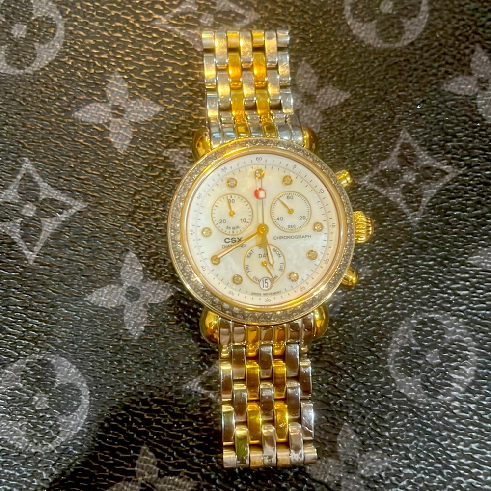Michele Two Tone Watch with Diamonds around the face